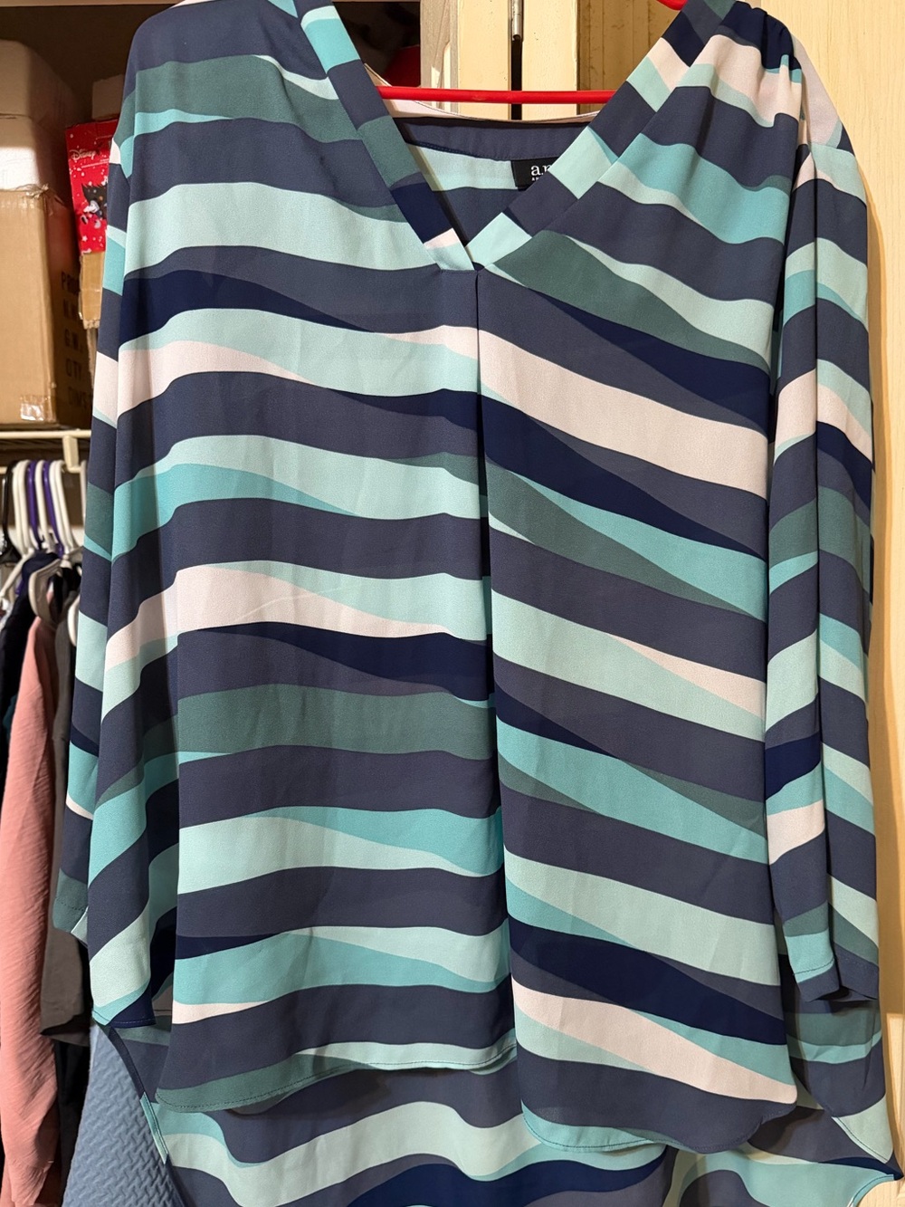 a.n.a Striped V-Neck Tunic in Navy, Teal & White